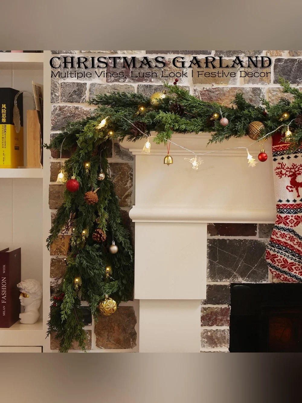6 Feet Christmas Garland Decorations - Real Touch Cedar - Free LED String Lights